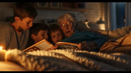Obraz premium Heartwarming Evening European Grandmother with Alzheimers Sharing Memories with Grandchildren Through Old Albums in Cozy Living Room
