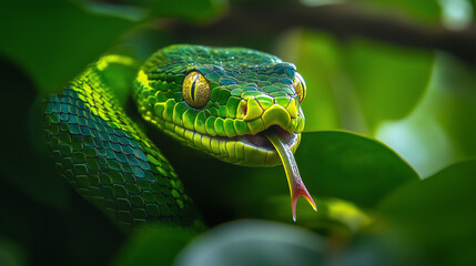 Green snake among leaves