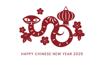 Chinese new year of the snake 2025 paper cutting snake silhouette. Stylized zodiac snake with chinese lantern and plum blossoms.