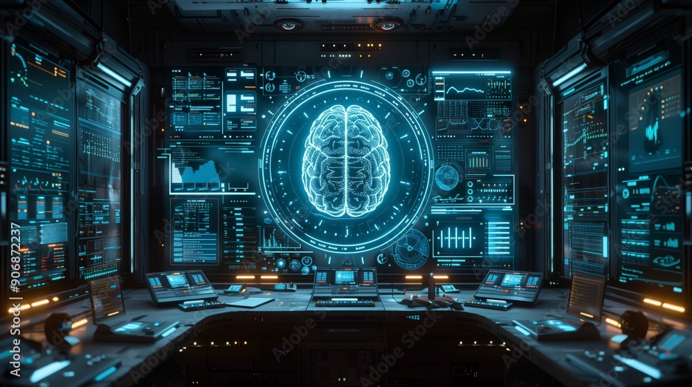 Poster a high-tech laboratory featuring interactive displays analyzing complex data within a modern environ