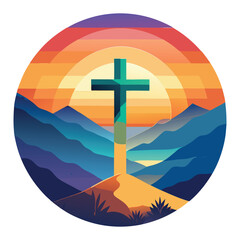 Vibrant colorful modern abstract cross of Christ on mountains at sunset.  
