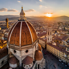 Obraz premium Aerial view of the dome of florence cathedral with tourists visiting the square at sunset