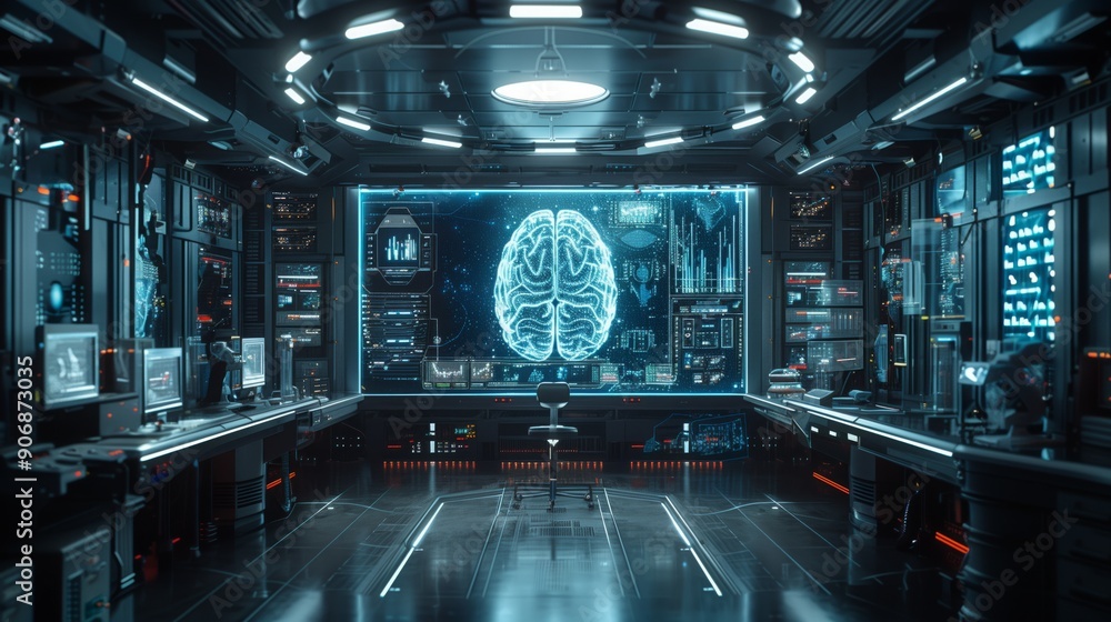Poster a high-tech lab features illuminated screens and a central display showcasing a digital brain, refle