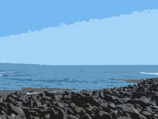 Sea beach View of palm tree reflecting water during sunrise. Beautiful landscape of summer sea. Silhouette of plam trees with colourful sunset. Vector illustration.