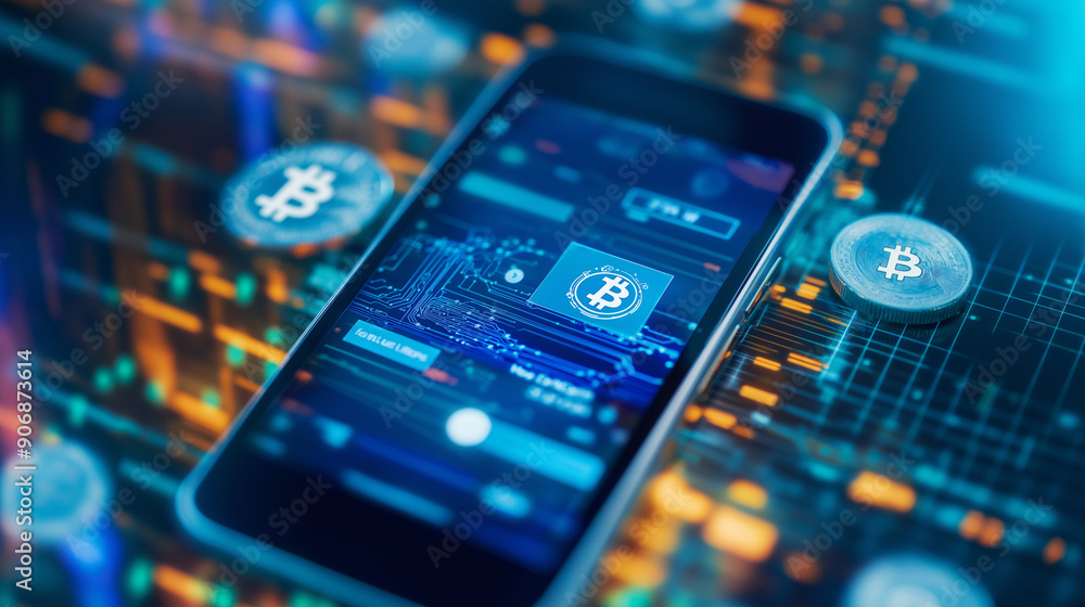 Poster a secure online banking app on a smartphone, with floating digital currency symbols and a cloud netw