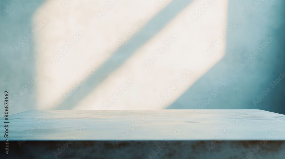 Poster tranquil minimalist pastel blue stucco table in serene room with soft natural light and bokeh effect