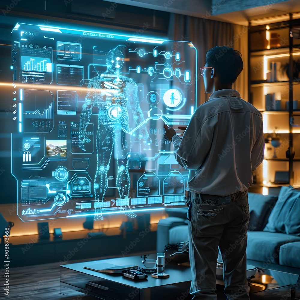 Aufkleber futuristic assistant hologram interacting with user in high tech smart home environment