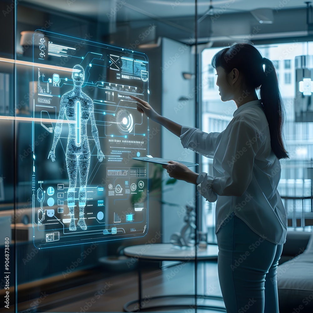 Poster futuristic assistant hologram interacting with user in high tech home