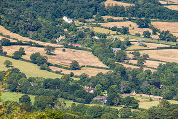 A long shot of the village of Selworthy in Exmoor National Park, Somerset, England UK