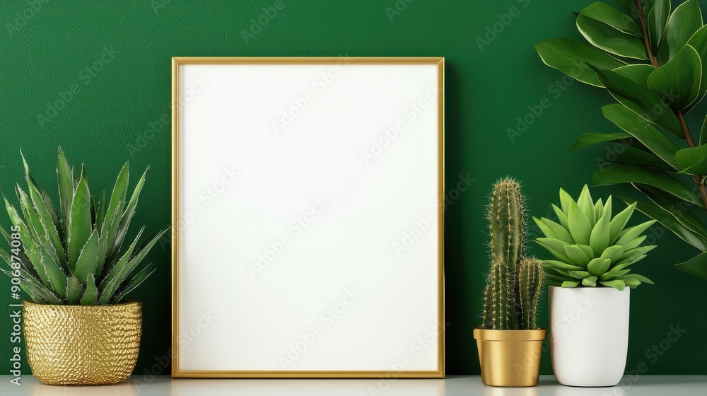 Wall mural A high-resolution of a Home Interior Poster Mockup, Square Gold Metal Frame and Succulents