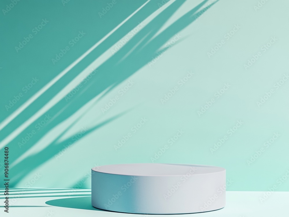 Poster minimalist light blue cylindrical podium mockup in diffused natural lighting with soft shadows and m