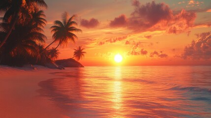 Fiery Sunset Paints the Sky Above Tropical Palms