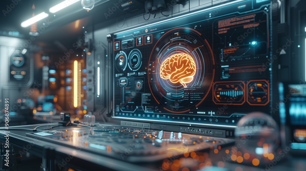 Poster a high-tech laboratory showcases advanced technology with an interactive brain interface, illuminate