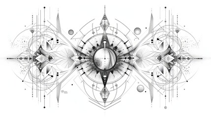 tattoo art line, illustrated in illustrator, perfect generation without design errors, pure white and clean background, A geometric and realistic style tattoo, featuring a combination of mythological.
