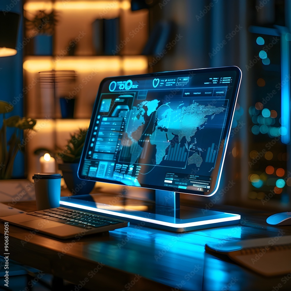 Poster sleek assistant device displaying interactive holograms on intelligence concept