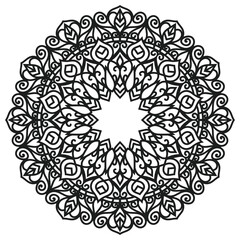 Intricate black and white mandala design, perfect for coloring books, tattoos, and artistic decor