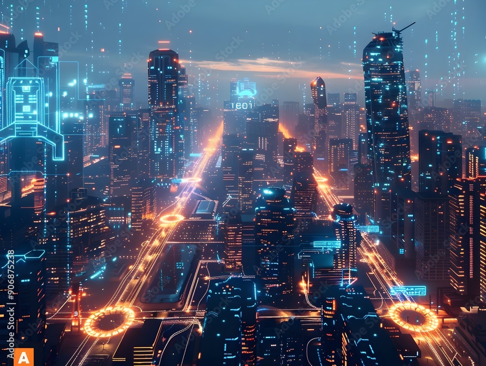 Poster dynamic futuristic cityscape with ai powered infrastructure and seamless technology