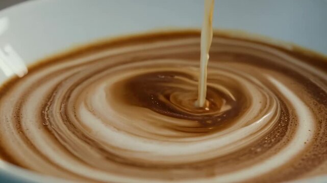 Mesmerizing and artistic close-up shot of milk creating a swirling ocean pattern in a cup of coffee, revealing the message 'GM' for 'Good Morning.' Perfect for coffee lovers, breakfast themes