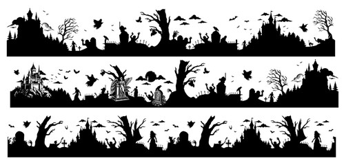 Seamless halloween silhouette panorama set for background. Silhouette of a spooky halloween landscape with haunted house, graveyard, zombies and other scary creatures