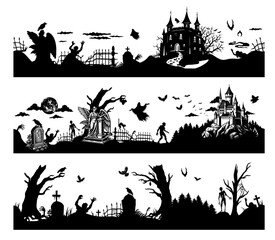 Set of halloween seamless panoramas with halloween silhouette of apocalypse, cemetery elements for fear holiday background