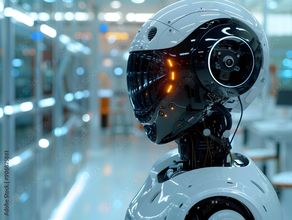 Poster emotive ai driven robot in a high tech laboratory setting showcasing intelligence capabilities