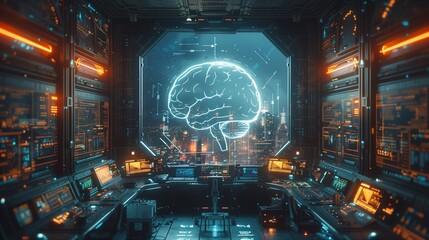 A high-tech laboratory features advanced displays and a glowing brain interface, showcasing cutting-edge research and innovation in artificial intelligence.