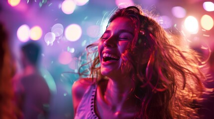 beautiful black woman with curly hair or afro dancing in a neon disco