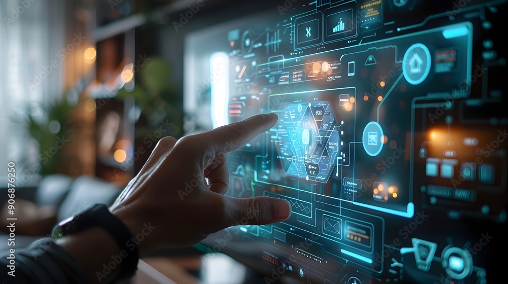 Poster futuristic smart home holographic interface guiding user through ai powered digital environment