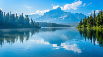 A serene lake with a mountain backdrop