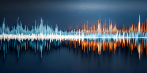 Vibrant sound waves in blue and orange hues create a dynamic visual against a dark background. Distinct vertical lines form an abstract pattern resembling an audio waveform.AI generated.