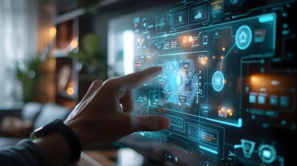 Futuristic Smart Home Holographic Interface Guiding User Through AI Powered Digital Environment