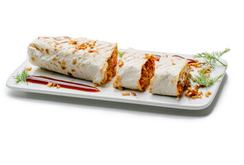Plate with food on a white background. Shawarma is a national food.National cuisine wrapped in flatbreads made from vegetables and meat