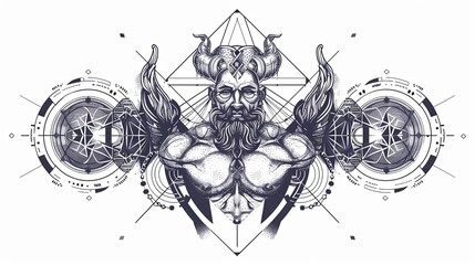 tattoo art line, illustrated in illustrator, perfect generation without design errors, pure white and clean background, A geometric and realistic style tattoo, featuring a combination of mythological.
