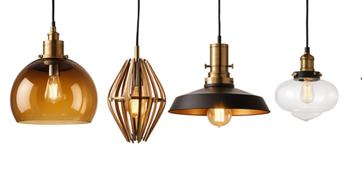 Four pendant lights in various styles and finishes, ideal for home decor websites, lighting stores, or interior design projects. Transparent PNG.
