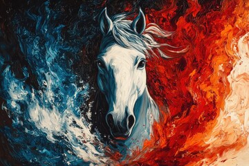 White Horse Emerging from Blue and Red Flames