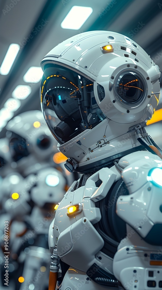 Poster ai driven space station with robots and astronauts collaborating in futuristic