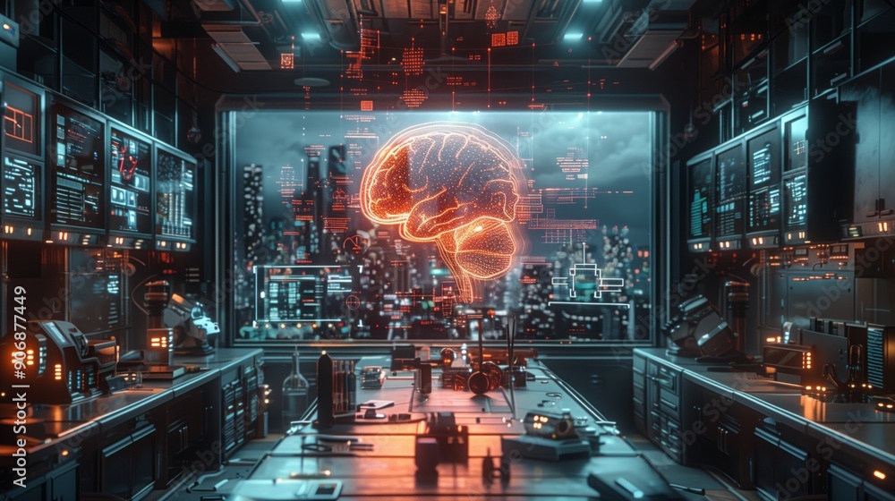 Aufkleber scientists explore cutting-edge brain models illuminated by neon lights in a high-tech laboratory.