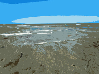 Sea beach View of palm tree reflecting water during sunrise. Beautiful landscape of summer sea. Silhouette of plam trees with colourful sunset. Vector illustration.