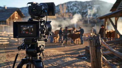 Naklejka premium A camera captures cowboys herding cattle at dawn, with smoke rising from campfires against a backdrop of mountains.