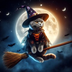 Witch Cat Flying on a Broom Under the Full Moon
