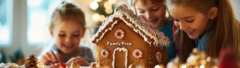  Children Decorating Gingerbread House Together - Festive Christmas Activity with Space for Text, Medium Shot