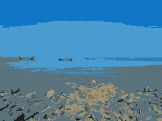 Sea beach View of palm tree reflecting water during sunrise. Beautiful landscape of summer sea. Silhouette of plam trees with colourful sunset. Vector illustration.