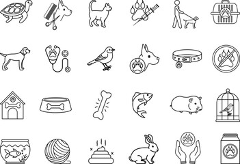 Pets Icon Set. Vector Icons Dog, Cat, Rabbit, Bird, Hamster, Turtle, Fish, Pet Care, Pet House, Walking Dog, Vet, Aquarium, Pet Food and More