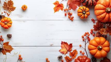 autumn leaves background, festive autumn decor from pumpkins, berries and leaves on a white wooden background. Concept of Thanksgiving day or Halloween. Flat lay autumn composition with copy space.
