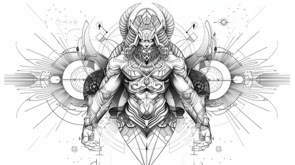 Fototapeta premium Tattoo art line, illustrated in Illustrator, perfect generation without design errors, pure white and clean background. A geometric and realistic style tattoo, featuring a combination of mythological.