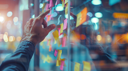 Close-up of Hand Placing Sticky Notes During Brainstorming Session