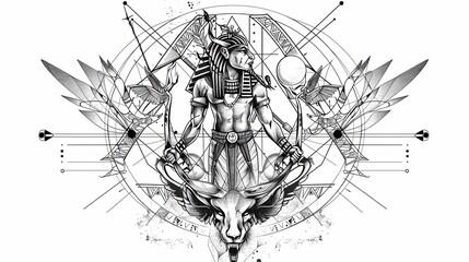 Tattoo art line, illustrated in Illustrator, perfect generation without design errors, pure white and clean background. A geometric and realistic style tattoo, featuring a combination of mythological.