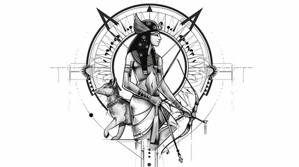 Tattoo art line, illustrated in Illustrator, perfect generation without design errors, pure white and clean background. A geometric and realistic style tattoo, featuring a combination of mythological.