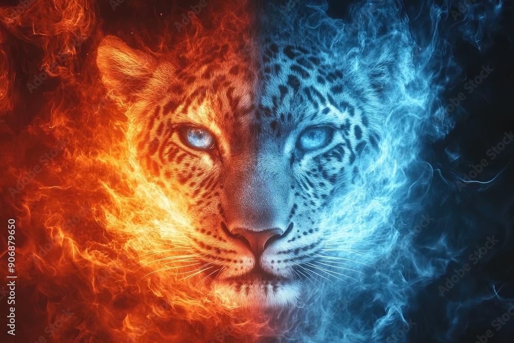 Poster Close-up of a Leopard's Face Surrounded by Fire and Ice