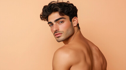 Shirtless young man with styled hair and defined features posing confidently against a soft peach background